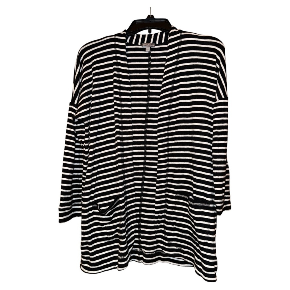 T by‎ Talbots Women’s Striped Knit Open Cardigan Sweater Pockets Black White XS